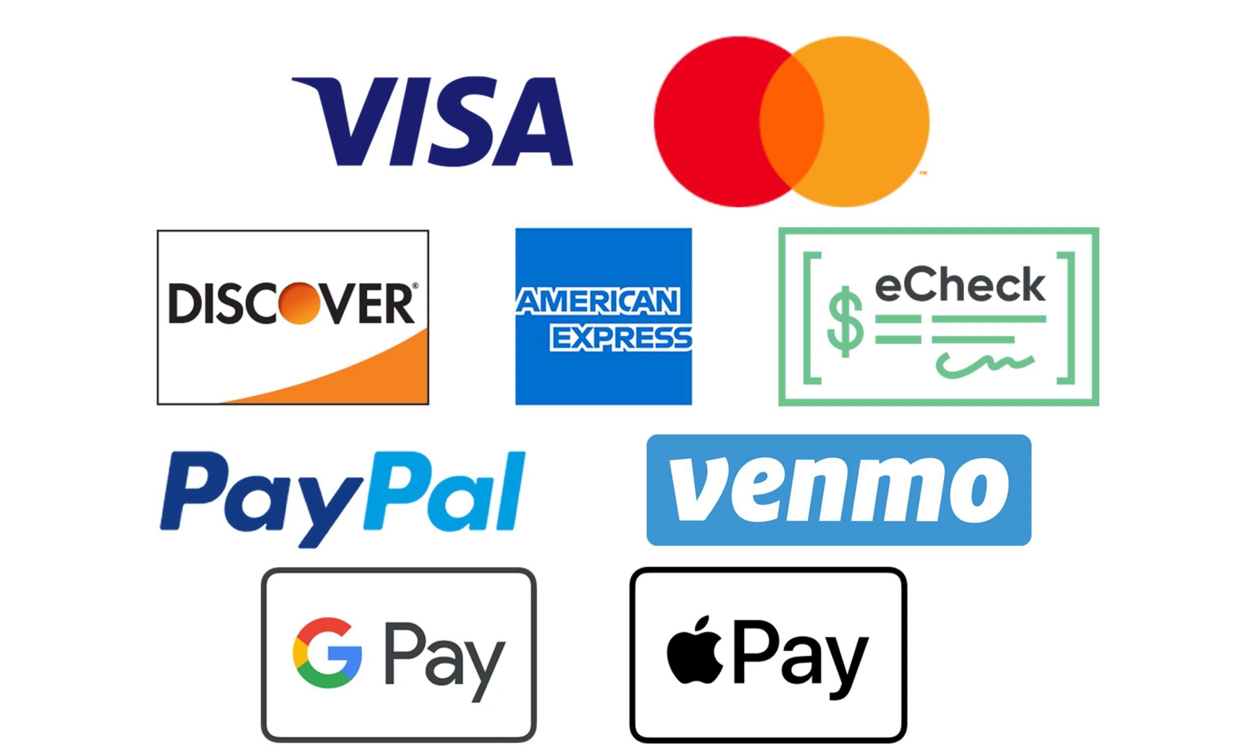Accepted payment methods: Visa, Mastercard, Discover, American Express, eCheck, PayPal, Venmo, Google Pay, Apple Pay